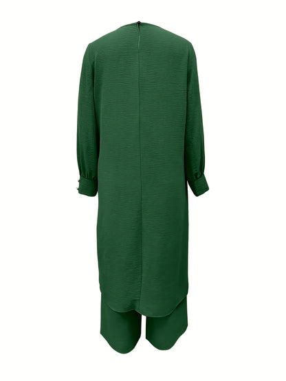 Ramadan, Women's Front-Button Long Sleeve Slit Dress & Pants Casual Arabic Style 2pcs Set, Only Clothes, Without Headscarf