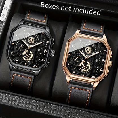 1 Casual Men's Quartz Watch, PU Leather Strap Business Watch Set Suitable for All Occasions, Jewelry Gift for Dad, Boyfriend, Suitable for All Festivals (Box Not Included)