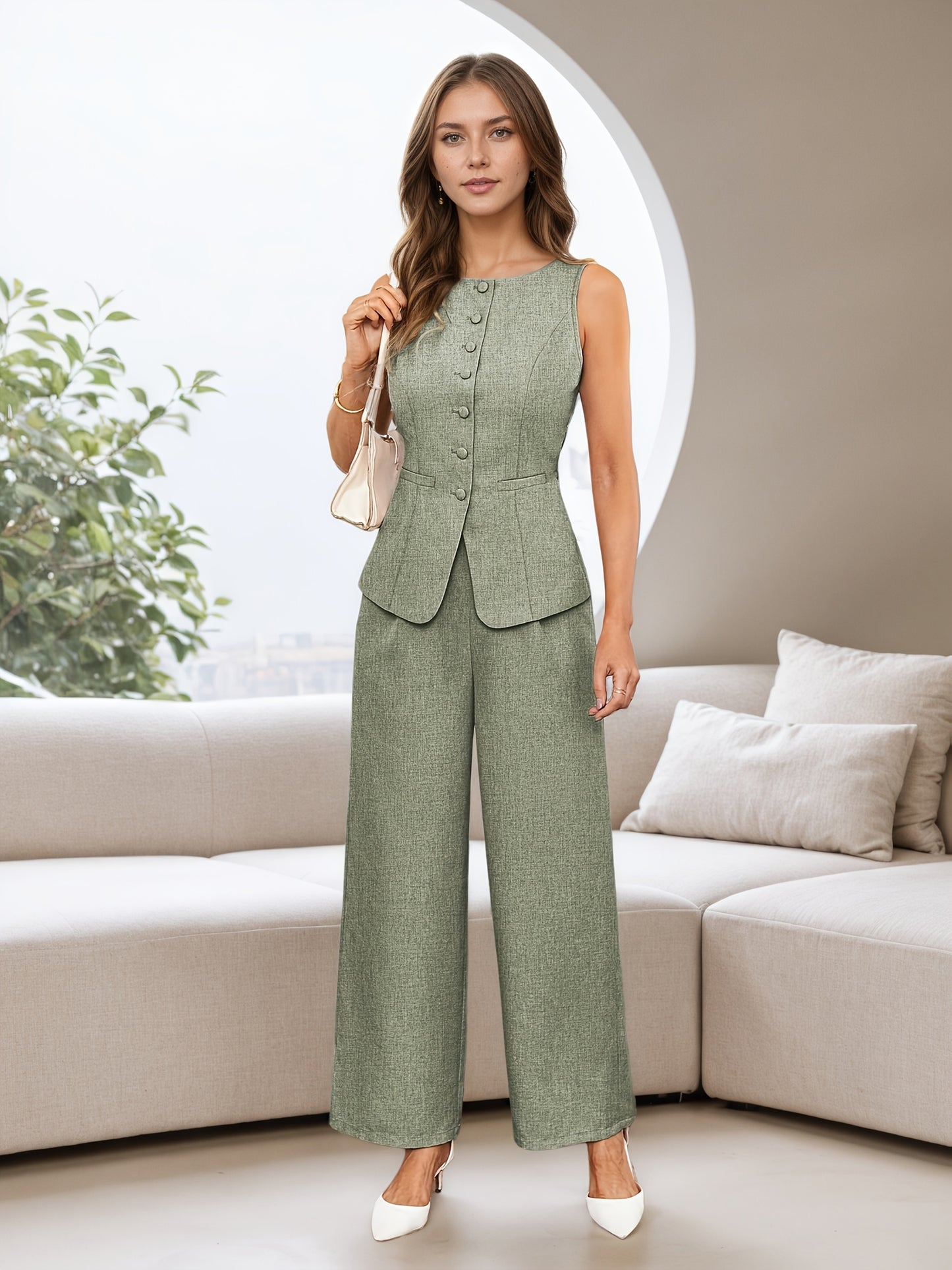 Women'S Elegant Beige Two-Piece Suit with V-Neck, Sleeveless Blazer & Wide-Leg Pants - Breathable Polyester, Button-Up Design, Perfect for Office or Casual Wear, Spring/Summer Collection, Casual Attire|Sophisticated Style|Pol