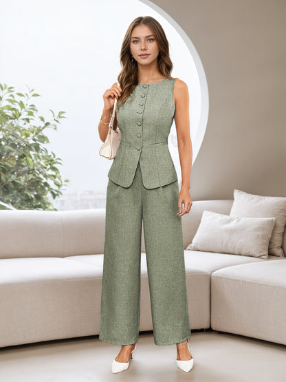 Women'S Elegant Beige Two-Piece Suit with V-Neck, Sleeveless Blazer & Wide-Leg Pants - Breathable Polyester, Button-Up Design, Perfect for Office or Casual Wear, Spring/Summer Collection, Casual Attire|Sophisticated Style|Pol