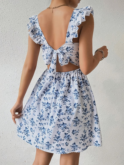 Flowing Silhouette, Elegant Women's Floral Print Dress with Ruffle Sleeves and Tie-Back Detail - Chic Beachwear for Spring/Summer, Light Blue with White Flowers, Polyester Blend, Beachwear Dress|Aline Silhouette|Smooth Glossy