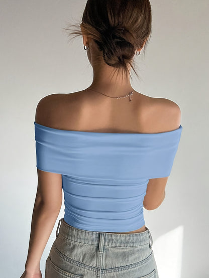 Chic Comfort| Elegant Women's Light Pink Off-Shoulder Ruched Crop Top - Slim Fit, Solid Color, Polyester & Elastane Blend, Machine Washable for Summer, Casual Wear|Chic Offshoulder Top|Delicate Texture