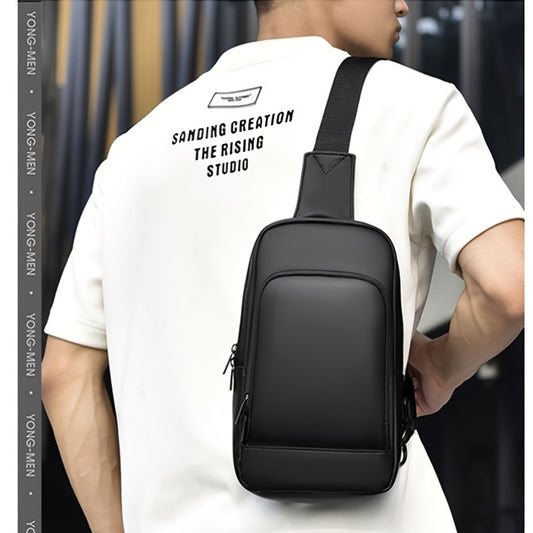 Men'S Casual Chest Bag, Faux Leather, Single Shoulder Bag, Zipper Closure, Uncharged, with Sewing Thread, Non-textile Weaving Method, No Printing, 100cm Shoulder Strap Length, for Daily Commute