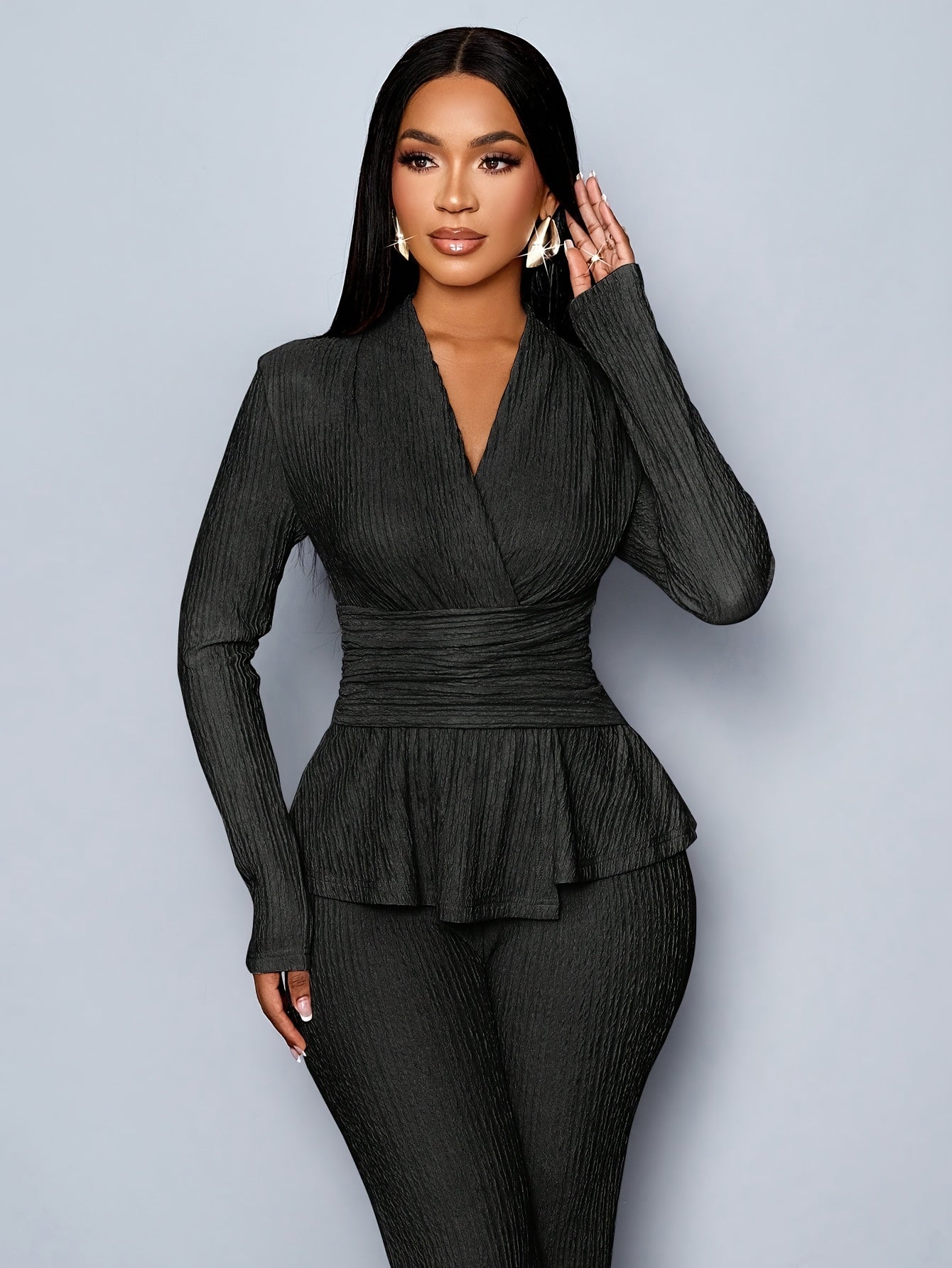 Women'S Elegant Beige Two-Piece Suit with V-Neck and Long Sleeves, Asymmetrical Hem, Wide Leg Pants, and Clutch - Perfect for Office or Casual Wear, Casual Attire|Elegant Two-Piece Set|Asymmetrical Hemline