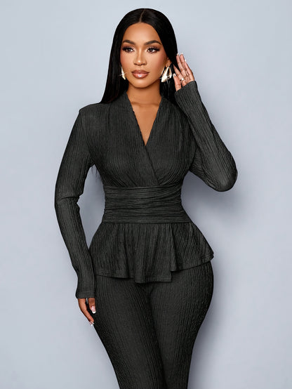 Women'S Elegant Beige Two-Piece Suit with V-Neck and Long Sleeves, Asymmetrical Hem, Wide Leg Pants, and Clutch - Perfect for Office or Casual Wear, Casual Attire|Elegant Two-Piece Set|Asymmetrical Hemline
