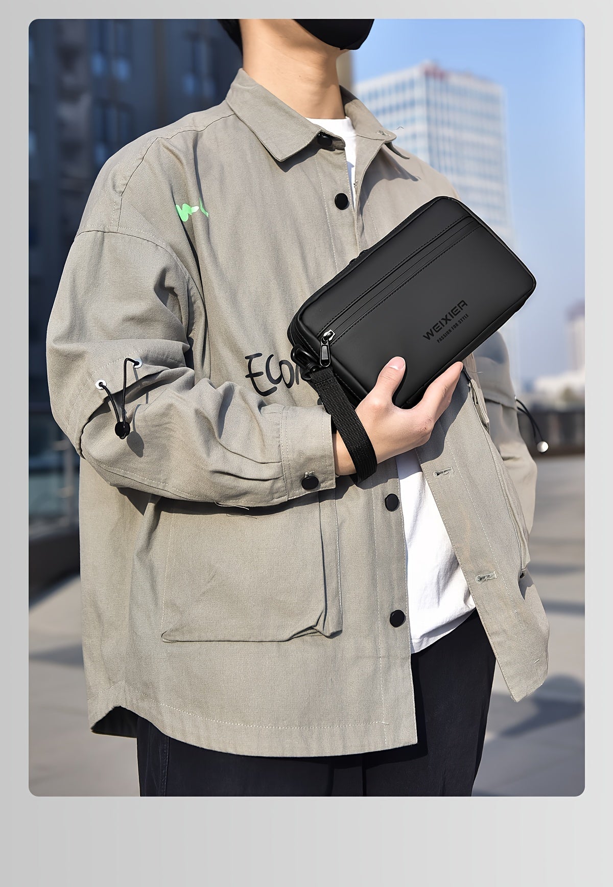 WEIXIER Men's Casual Nylon Handbag - Large Capacity with Adjustable Wrist Strap, Sleek Black for Daily Use, Valentine's Day Gift for Him, Outdoor Bag | Casual Style | Nylon Material