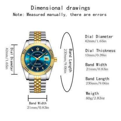 KASRLUO Elegant Men's Quartz Watch - Luminous Date Display, Golden-Tone Stainless Steel Band, Business Style with Rhinestone Detailing, Battery Operated