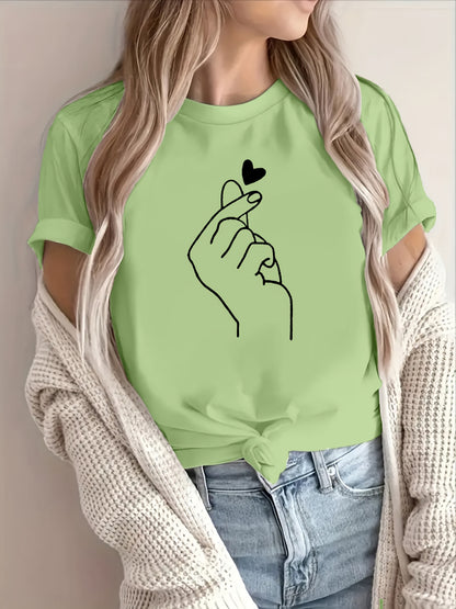 Finger Heart Print T-Shirt, Short Sleeve Crew Neck Casual Top For Summer & Spring, Women's Clothing