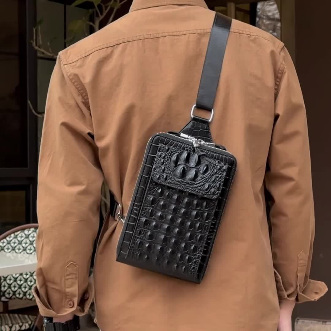 Men'S Stylish Black Crocodile Pattern Crossbody Bag - Durable, Large Capacity, Adjustable Strap, Perfect for Travel & Daily Commute, Commuter Shoulder Bag|Stylish Crossbody|Durable Fabri