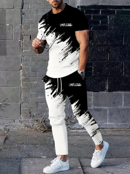 Men's Fashion Gradient Print Four Seasons Round Neck Short Sleeve T-shirt and Pants Set Outdoor Sports Two-piece