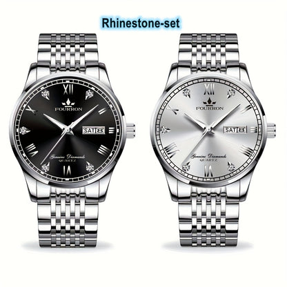 1pc Elegant Rhinestone-Set Stainless Steel Bracelet Watch for Men - Quartz, Date & Calendar Display, Glow-in-the-Dark Hands, Waterproof, Business Casual Style, Ideal Gift for Birthdays & Holidays, Casual Accessory | Elegant W