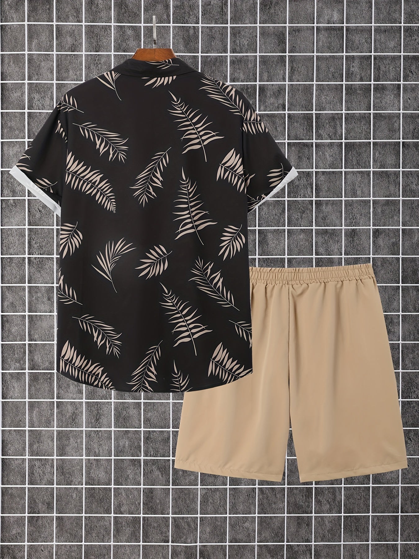 2-piece Men's Holiday Style Summer Outfit Set, Leafs Pattern Print Short Sleeve Button Up Lapel Shirt Top & Solid Drawstring Shorts With Pockets