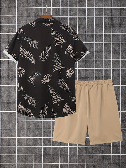 2-piece Men's Holiday Style Summer Outfit Set, Leafs Pattern Print Short Sleeve Button Up Lapel Shirt Top & Solid Drawstring Shorts With Pockets