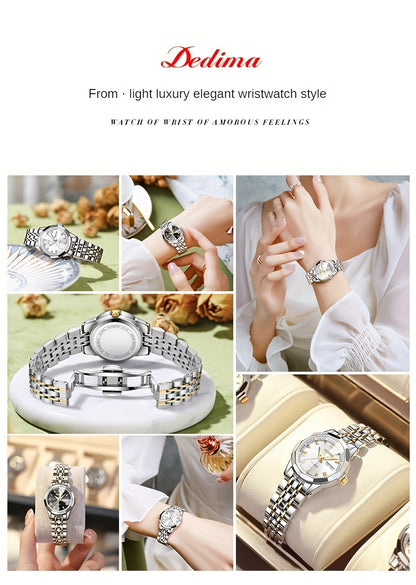 DEDIMA Women'S Luxury Stainless Steel Watch - Elegant Rhombus Design with Roman Numerals, Double Calendar, and Multifunctional Steel Strap