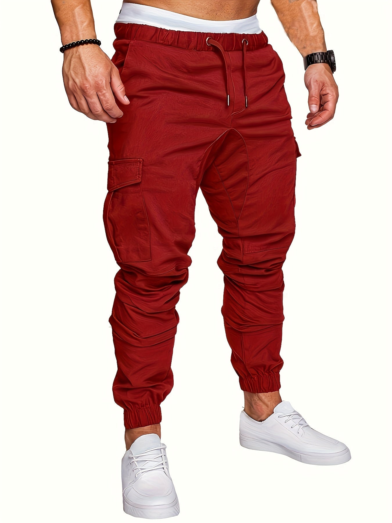 Men'S Casual Cargo Pants, 95% Cotton 5% Spandex, Skinny Fit, Solid Color, Long Length, Woven Fabric, Non-Stretch, with Pockets, 215g/m² Weight