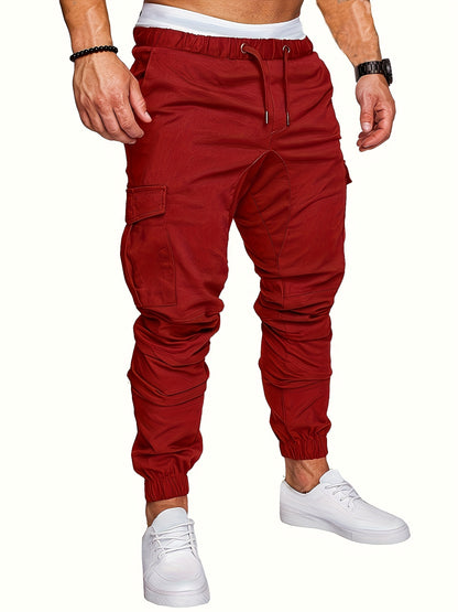Men'S Casual Cargo Pants, 95% Cotton 5% Spandex, Skinny Fit, Solid Color, Long Length, Woven Fabric, Non-Stretch, with Pockets, 215g/m² Weight