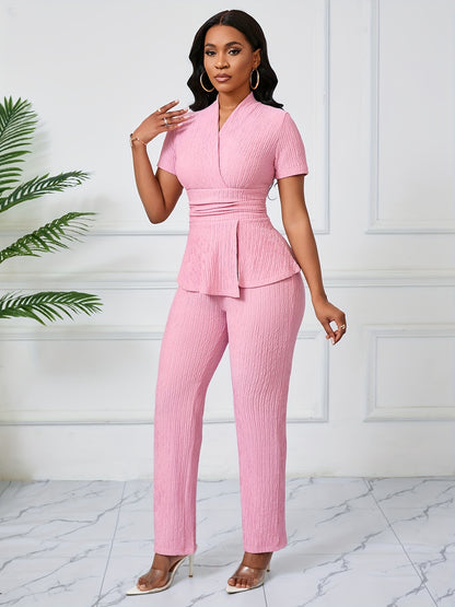 Women's Elegant Casual Solid Color Textured Pants Set