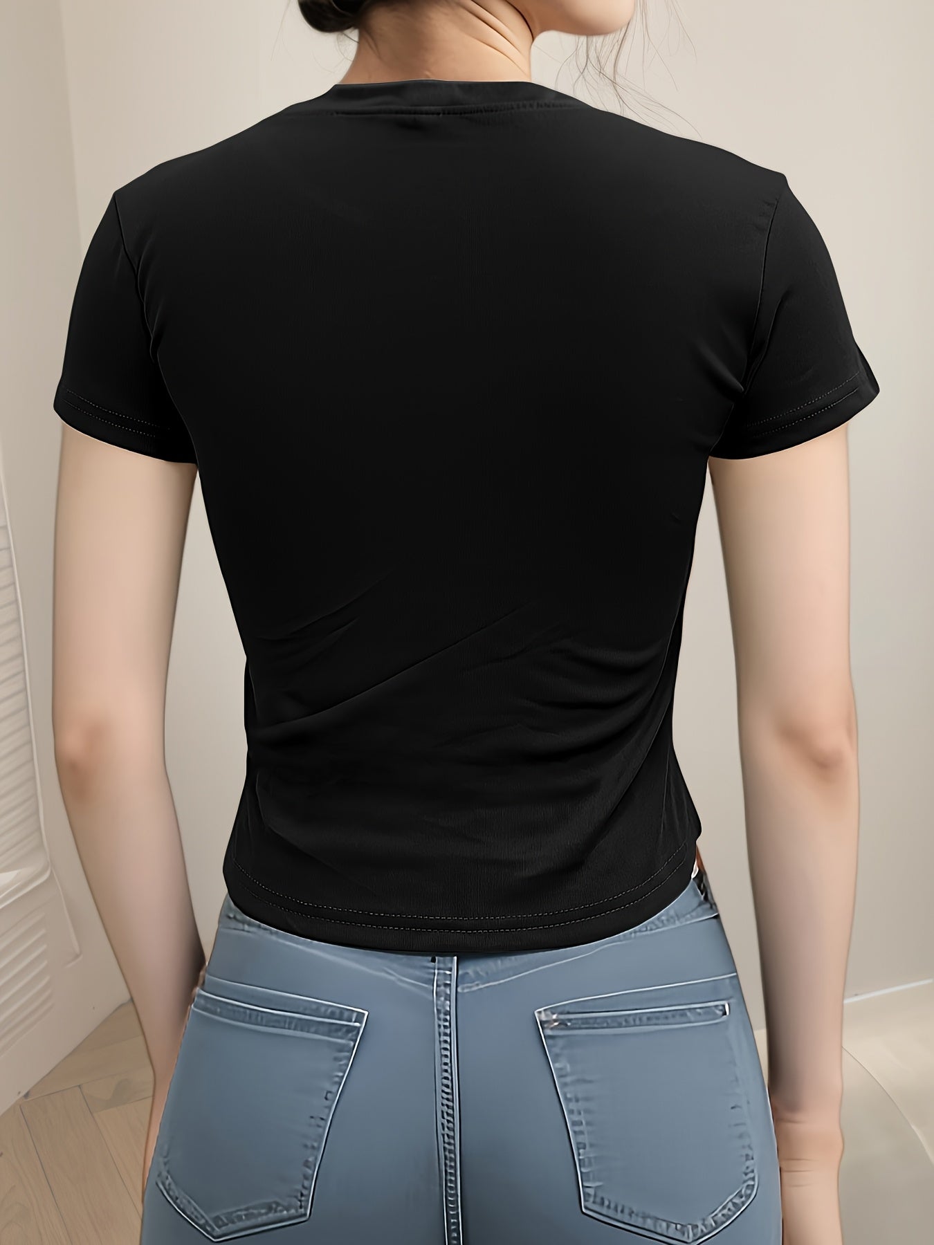 Women's Summer Slim Fit Short Sleeve T-Shirt - High Elasticity Breathable Fabric with Black Letter Embroidery, Versatile Casual & Office Wear, Elegant Collection, Cute Short Sleeve Tops, Everyday Comfort Tee, Slim Fit Tee, Sm