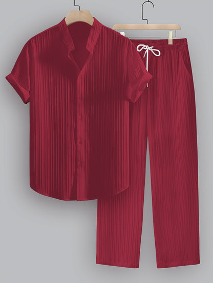 2pcs Men's Summer Casual Striped Polyester Outfit Set, Short Sleeve Stand Collar Shirt and Drawstring Pants, Non-Stretch Woven Fabric, Regular Fit for Daily Wear and Beach Vacation, Plain Color, Beach Vacation
