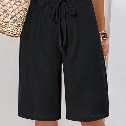 Women'S Casual Solid Color Shorts, 100% Polyester Woven Fabric, All-Season Beach Pants with Fake Drawstring, 126g/m² Weight - Black