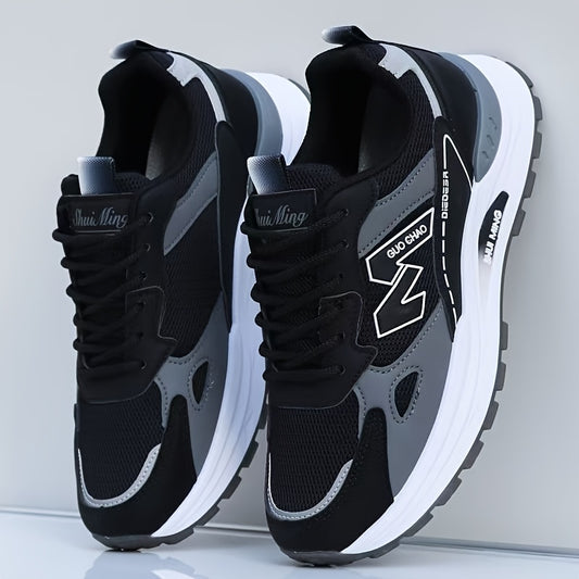 Men's Breathable Mesh Running Sneakers - Durable, Anti-Slip, Odor-Resistant Casual Shoes with Rubber Sole for Spring & Fall, Low-Top Lace-Up Design in White, Black & Green