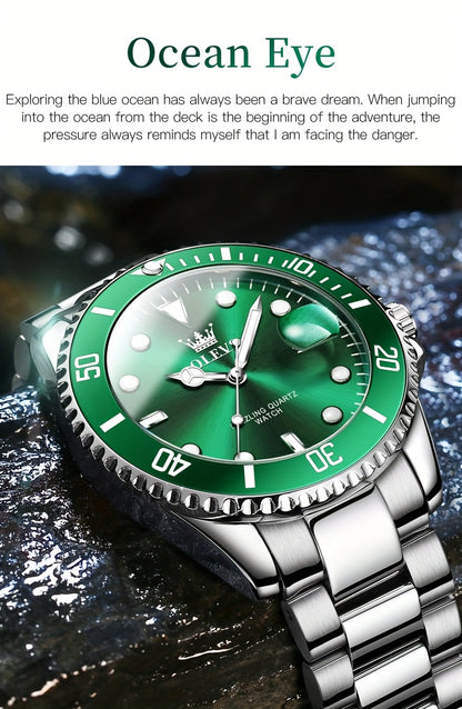 OLEVS Men'S Luxury Quartz Watch - Green Dial, Stainless Steel Band, Luminous Pointer Display, Quartz Movement, Electronic Drive, Zinc Alloy Case, Ideal for Business Casual Wea