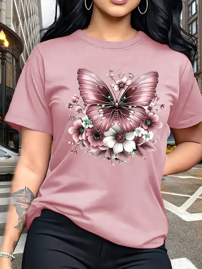 Circle Chic Butterfly Print T-Shirt - Exquisite Design, Casual Round Neck Top - Breathable and Lightweight, Perfect for Spring/Summer Wardrobe