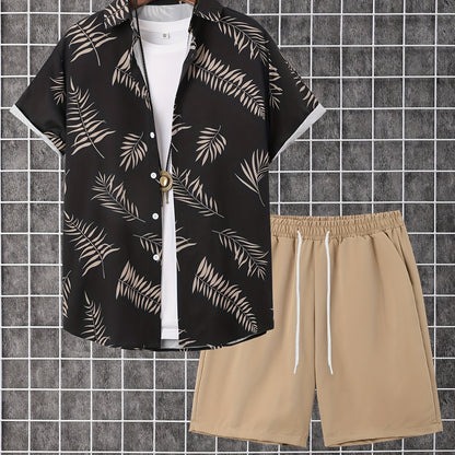2-piece Men's Holiday Style Summer Outfit Set, Leafs Pattern Print Short Sleeve Button Up Lapel Shirt Top & Solid Drawstring Shorts With Pockets