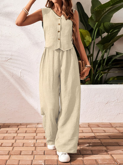 Women's Solid Color Front Buckle Sleeveless Shirt and Trousers Casual Suit Spring/Autumn Women's Fashion Elegant Unique Two-Piece Set