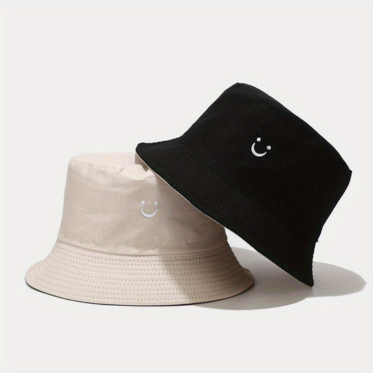 Unisex Black & White Fisherman Hat with joyful Face Embroidery - Double-Sided, Sporty Polyester Bucket Hat for Men and Women, Ideal for Outdoor Activities, Outdoor Hat | joyful Face Embroidery | Durable Headgear