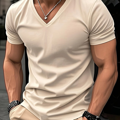 Men'S V-Neck Short Sleeve T-Shirt - Lightweight & Breathable, Casual Fit, Solid Black, Perfect for Summer, High-Quality Knit Fabric, Everyday Tshirt | Casual Style | Comfortable Fit