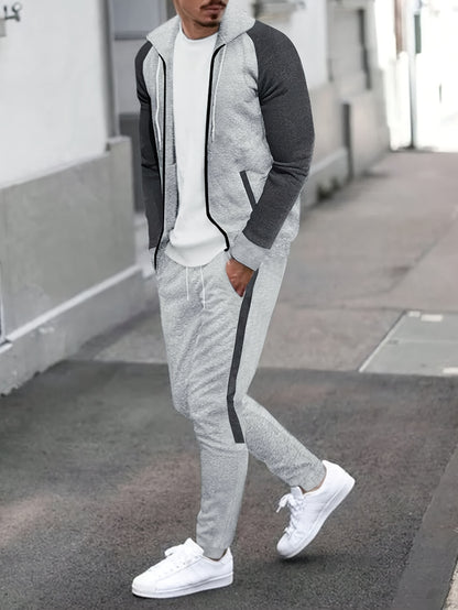 Classic Men's Athletic 2Pcs Color Block Tracksuit Set Casual Full-Zip Sweatsuits Long Sleeve Hoodie And Jogging Pants Set For Gym Workout Running