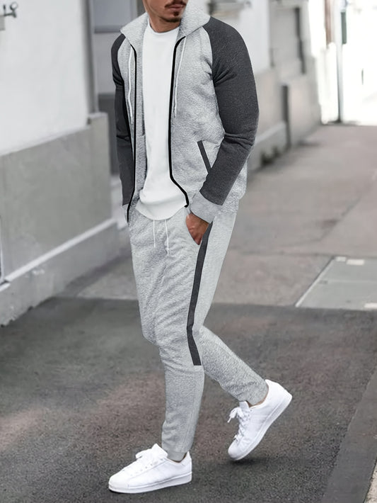 Classic Men's Athletic 2Pcs Color Block Tracksuit Set Casual Full-Zip Sweatsuits Long Sleeve Hoodie And Jogging Pants Set For Gym Workout Running