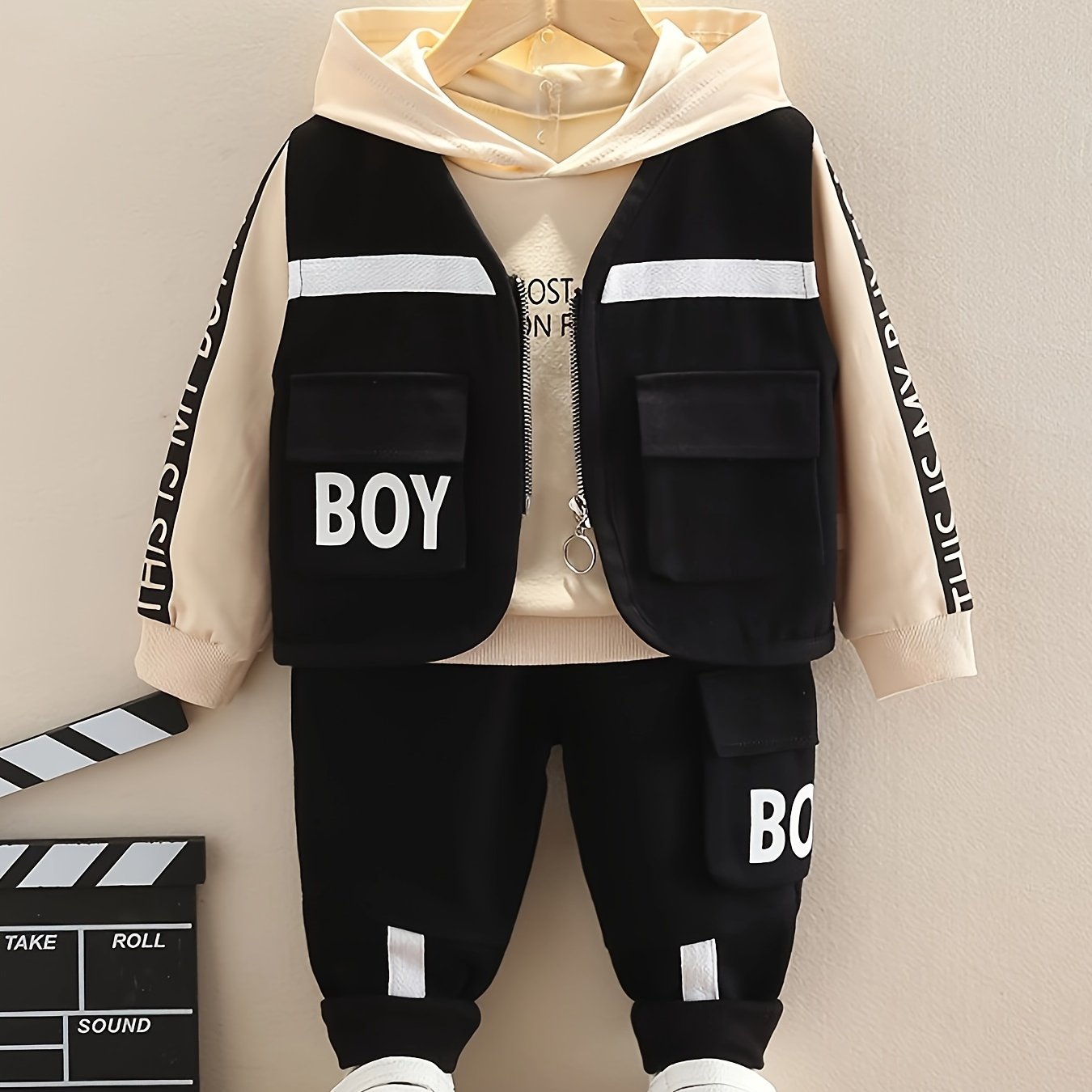 3pcs Boy's Letter Print Hoodie Outfits, Casual Hoodies Long Sleeve Pullover Hooded Sweatshirt & Pants & Vest Set, Ideal For Daily & Outdoor Wear