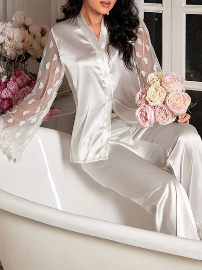 Women'S 3D Lace Heart Mesh Wooden Flower Cuff Long Sleeve Pajama Set with Ruffle Hem, Solid Color, All-Season Comfort, Long Length Pants, Spaghetti Strap Collar, Placket Closure