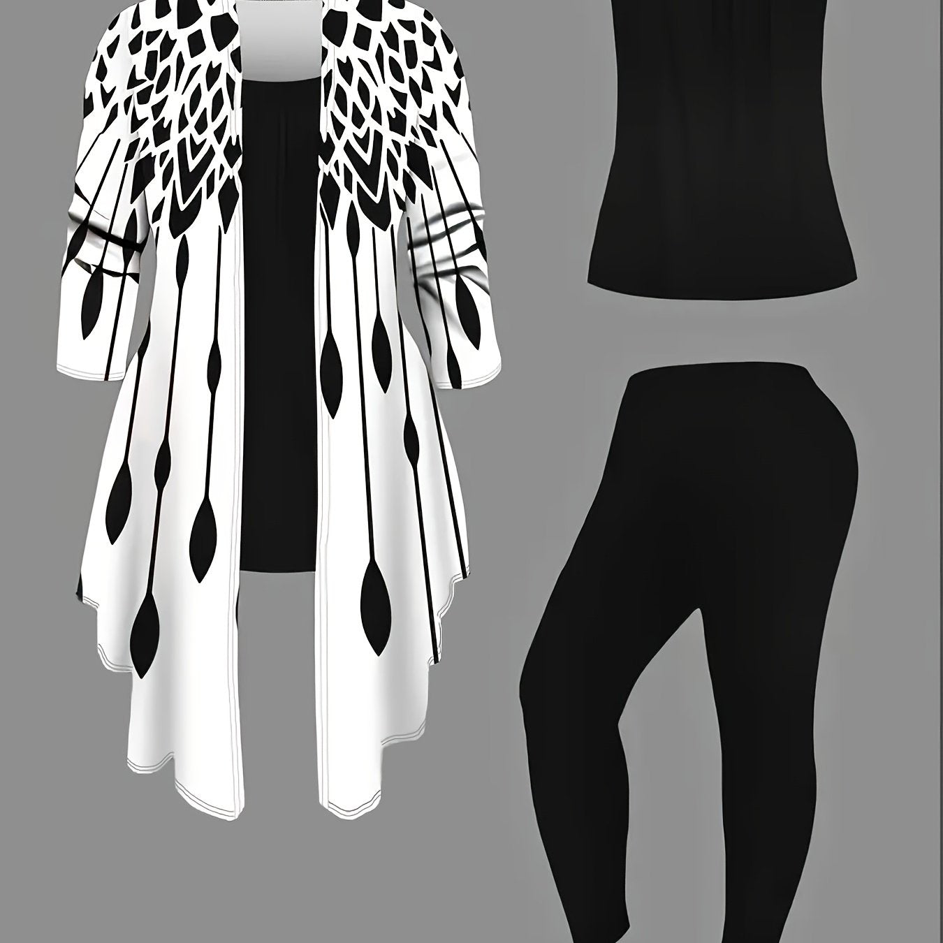 Women's 3pcs Casual Outfit: Chic Leopard Print Cardigan, Sleeveless Black Tank Top & Comfy Leggings Set - Polyester/Spandex Blend, Machine Washable