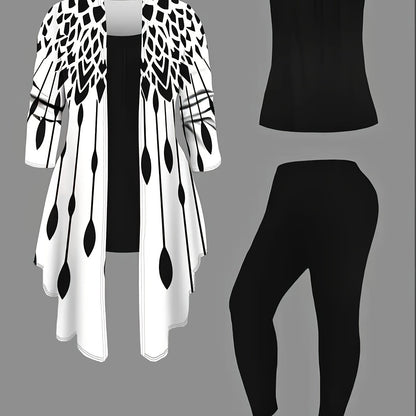Women's 3pcs Casual Outfit: Chic Leopard Print Cardigan, Sleeveless Black Tank Top & Comfy Leggings Set - Polyester/Spandex Blend, Machine Washable