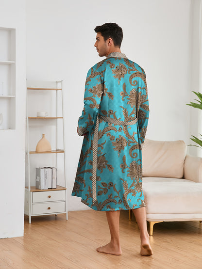 Men's Sleep Robe, Elegant And Light Luxury Pajamas Set, Stylish Gorgeous Floral Print, V-neck Long Sleeve Sleep Robe And Shorts, Sleep Wear Robe Set For Home Wear
