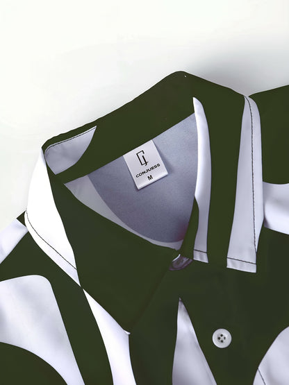 CONJUESS Men'S Summer Casual Short Sleeve Shirt and Shorts Set, Polyester 100%, Lapel Collar, Non-Stretch Woven Fabric, Irregular Striped Print, Regular Fit, 120g/m² - Green and White