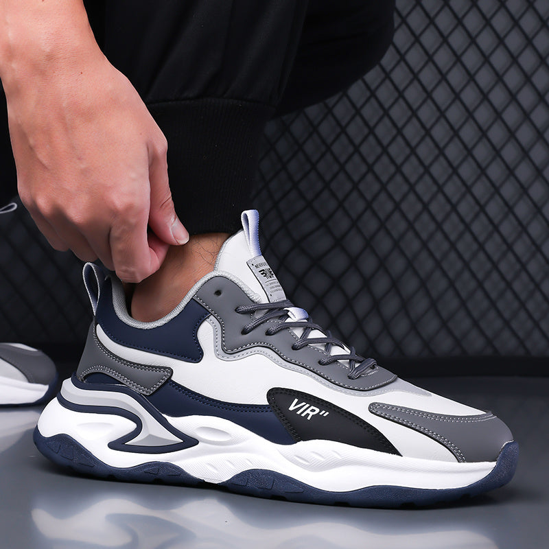 Men's Stylish Color-Block Sneakers - Black & Gray with White Accents, Comfortable All-Day Wear, Durable Rubber Sole, Lace-Up Design, Trendy Low-Top Style for Casual or Athletic Use, Casual Sneakers | Fashion Sneakers | Pu Mat