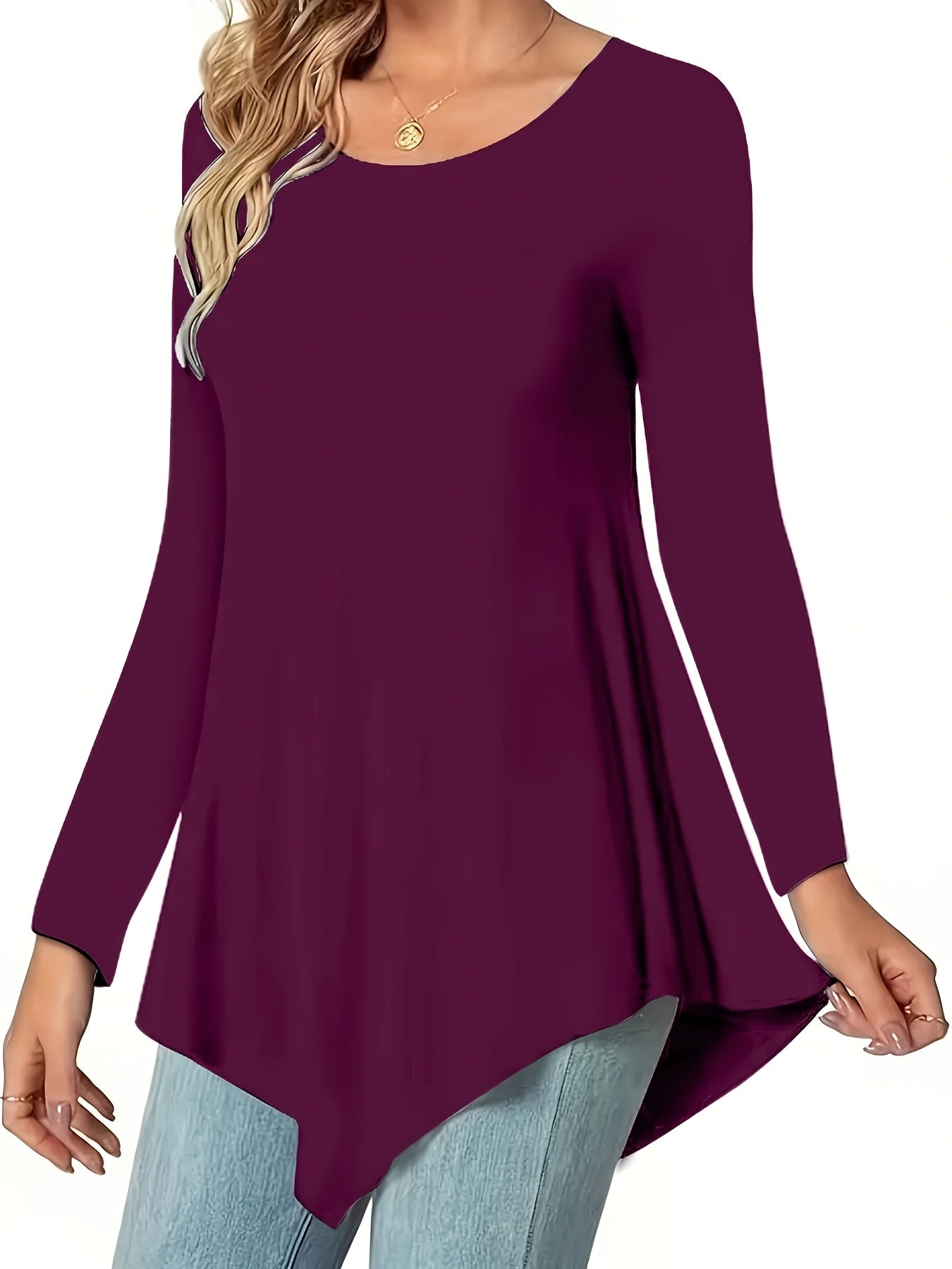 Women's Casual Long Sleeve Tunic Top, Polyester 95% Spandex 5% Knit Fabric, Solid Color Crew Neck Blouse for Spring/Summer/Fall, Spring Summer Blouse|Tunic Style|Solid Color Top