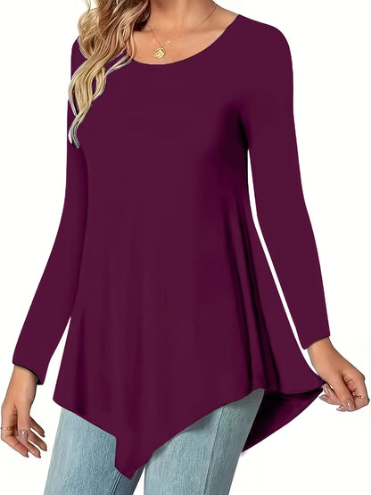Women's Casual Long Sleeve Tunic Top, Polyester 95% Spandex 5% Knit Fabric, Solid Color Crew Neck Blouse for Spring/Summer/Fall, Spring Summer Blouse|Tunic Style|Solid Color Top