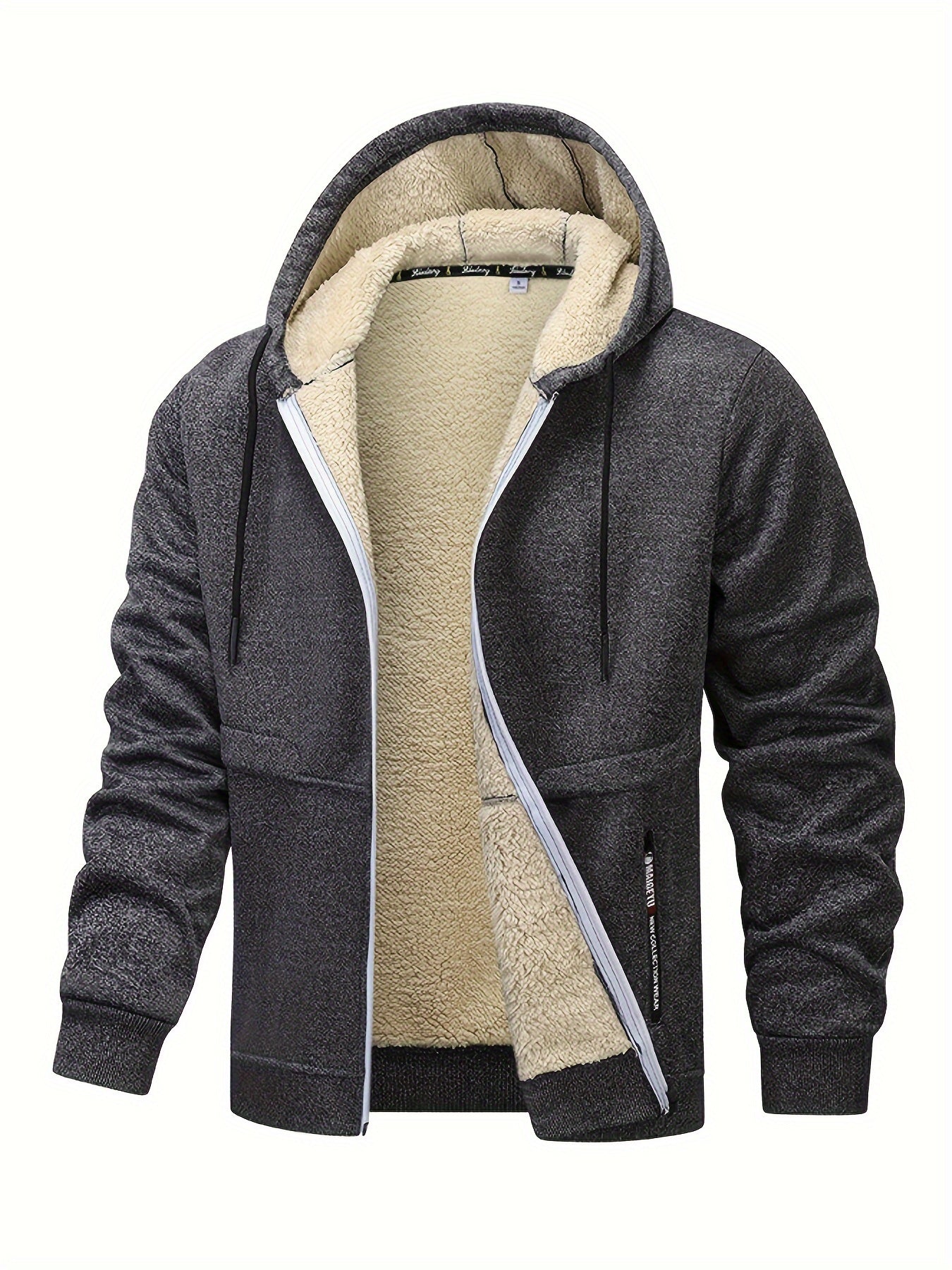 1pc Men'S Casual Style Hooded Jacket, Thick Fleece Lined, Warm Autumn/Winter Fashion, Solid Color, Polyester Knit with Pockets, Regular Fit