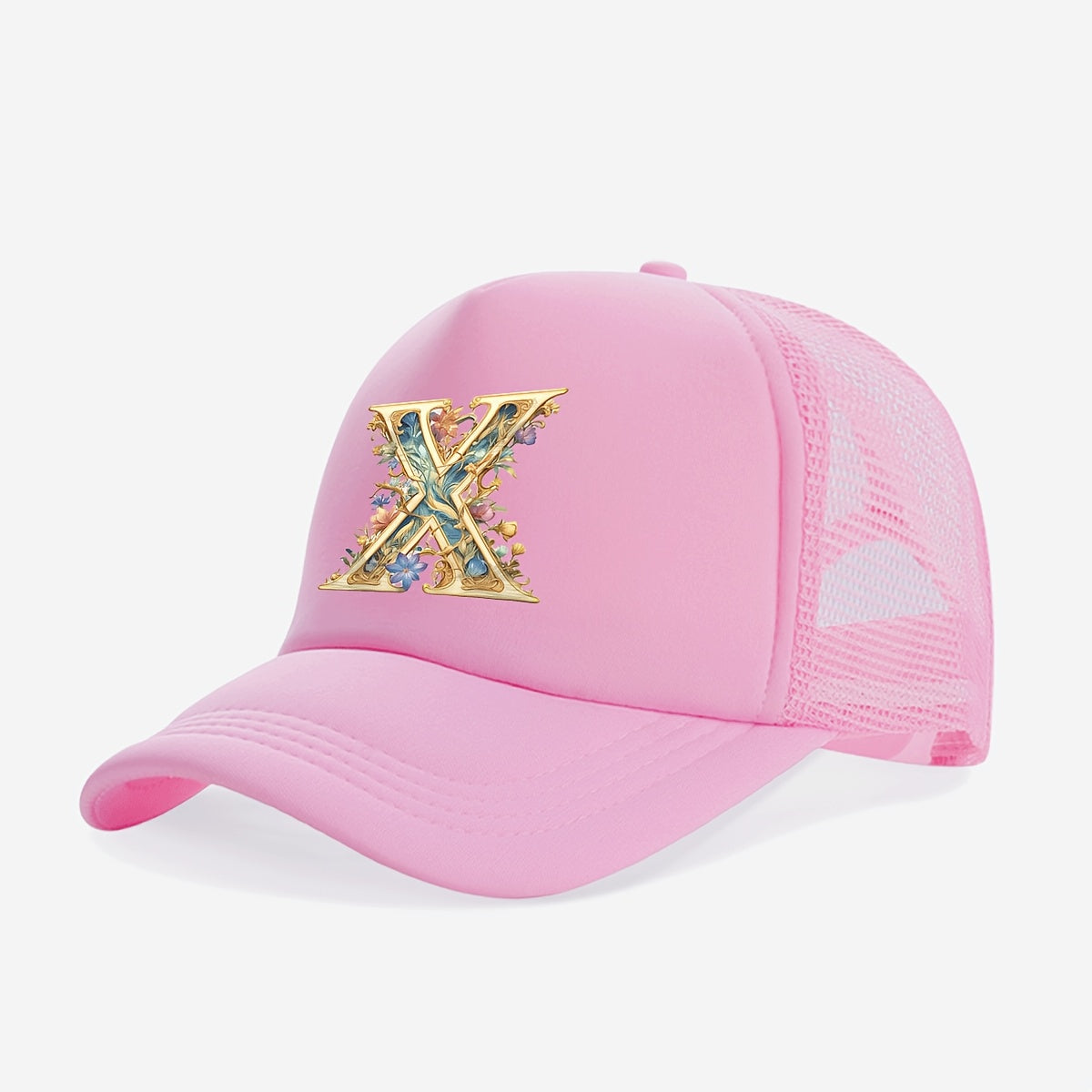 1-Pack Youngsters Trucker Hat with Golden Floral Letter A Design - Breathable Sun Protection, 100% Polyester, Adjustable Snap Closure, Pink for Spring/Summer Outdoor Play, Back to School, Thanksgiving, Teacher's Day (Ages 3-1