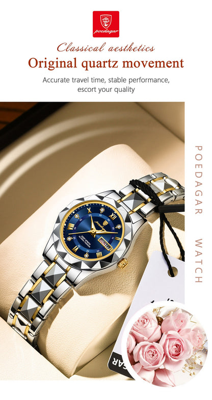 POEDAGAR Women's Elegant Stainless Steel Quartz Watch with Luminous Blue Dial, Roman Numerals, Date Calendar, IPX7 High Quality & -Accented Band for Casual & Formal Wear