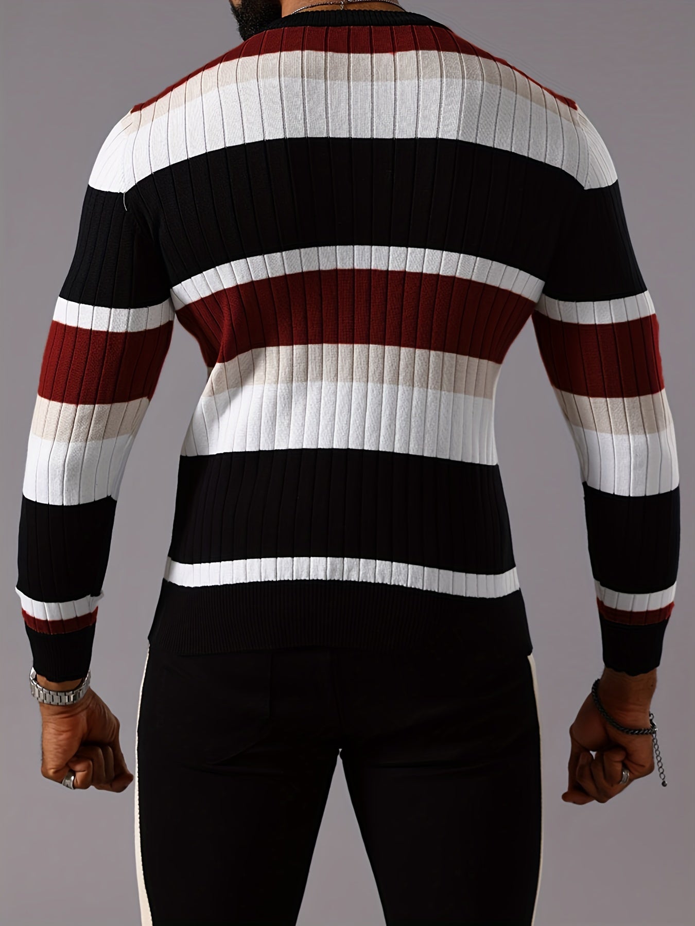 Men's Striped Color-Block Ribbed Knit Sweater - Long Sleeve Round Neck Pullover with Elastic Comfort Fit, Machine Washable Casual Fall Winter Top in Black/White/Green/Beige, Knit Sweater, Medium Elasticity