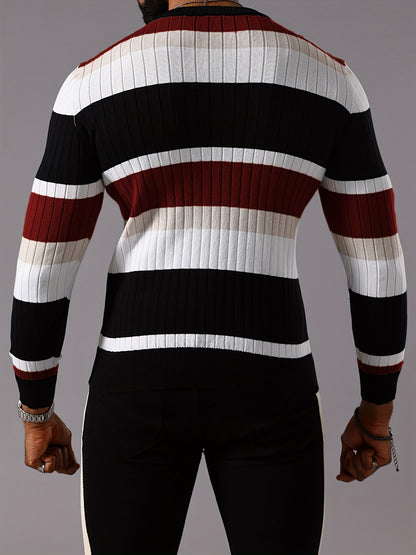 Men's Striped Color-Block Ribbed Knit Sweater - Long Sleeve Round Neck Pullover with Elastic Comfort Fit, Machine Washable Casual Fall Winter Top in Black/White/Green/Beige, Knit Sweater, Medium Elasticity