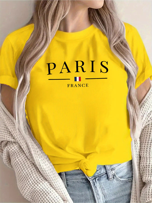 New Arrival: Paris Creative Letter Pattern Printed T-Shirt, Suitable for Women'S Casual Wear, Vacations, Short Sleeves, Round Neck, Spring And Summer, Machine Washable, New Women'S Clothing, Versatile for Outings And Sports.