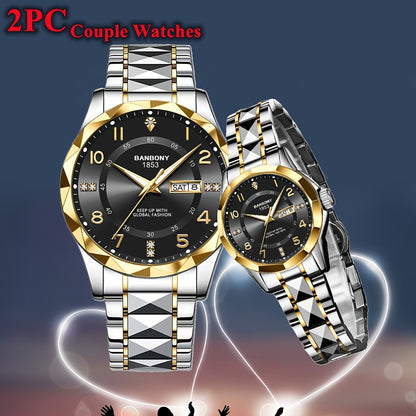 2pcs BNDBONY Brand Men And Women Couples Quartz Watch Stainless Steel Strap Scratch-Resistant Wear Luminous Pointer Digital Simple Hd Disc IPX7 Waterproof Fashion Multifunctional Couples Watch Holiday Couples Lover Birthday G
