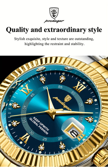 POEDAGAR Luxury Men'S Quartz Watch - Waterproof, Luminous, Stainless Steel Band, Blue & Golden Accents, Date & Week Display, Casual Elegant Timepiece with Backpack Clasp